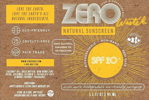 ZERO Waste 100% Plastic Free Natural Sunscreen Stick, SPF 20 Reef Safe and Kid Friendly, Water Resistant, Push Up Cardboar...