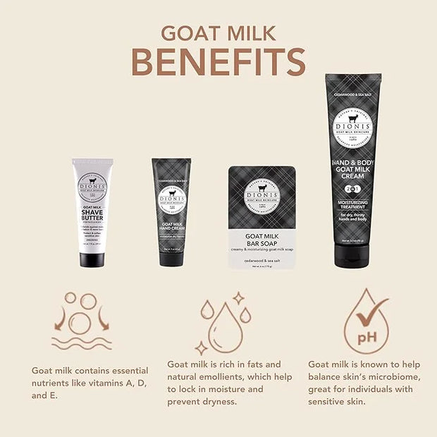 Dionis Goat Milk Skincare 4 Piece Goat Milk Travel Set for Men - Hydrating Bar Soap, Shave Butter, Hand & Body Cream - Ced...