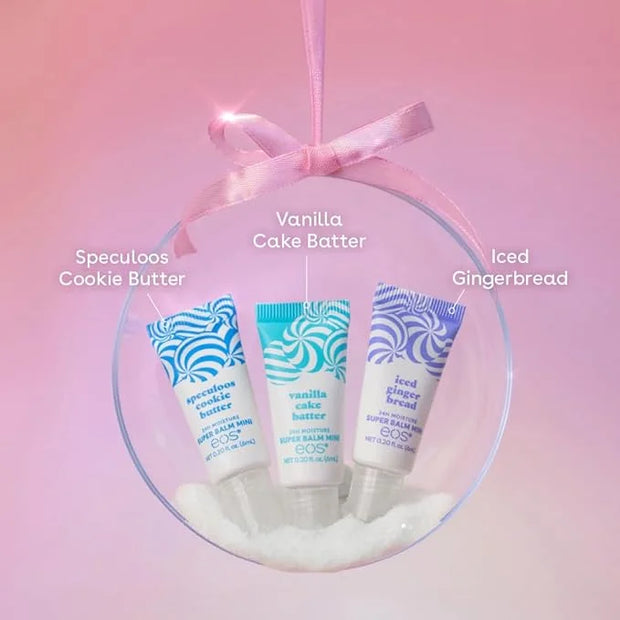 eos Holiday 24H Moisture Mini Super Balm Set- Speculoos Cookie Butter, Iced Gingerbread, Vanilla Cake Batter, Limited-Edit...