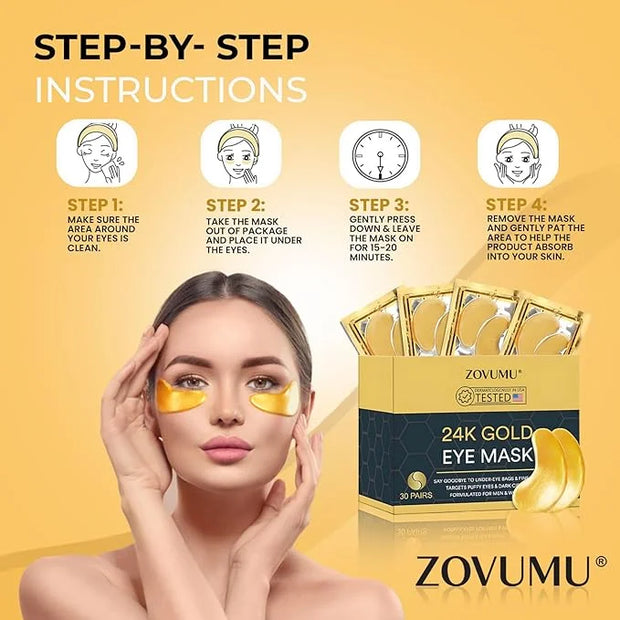 Under Eye Patches (30 Pairs) 24K Gold Skin Care Eye Mask - Puffy Eyes & Dark Circles Treatments - Eye patches Pads With Co...