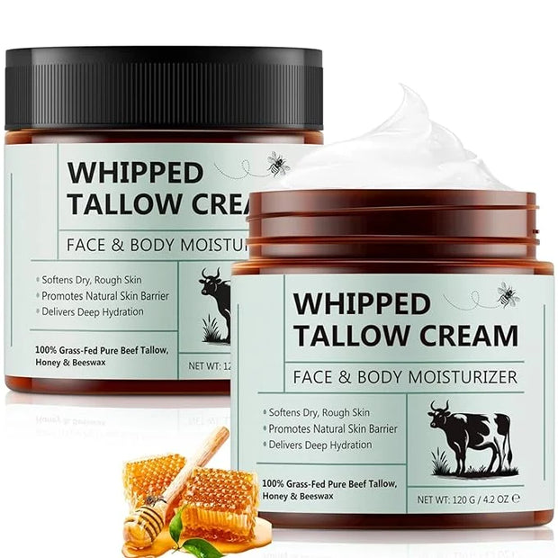 Beef Tallow for Skin, Beef Tallow Moisturizer, 8.4 oz Organic Whipped Grass Fed Beef Tallow with Honey Cream for Face & Bo...