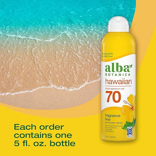 Alba Botanica Sunscreen Spray for Face and Body, Broad Spectrum SPF 70 Sunscreen, Hawaiian Coconut, Water Resistant and Bi...