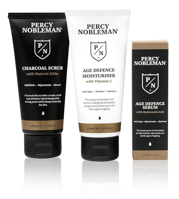 Age Defence Kit, a men's skincare set containing Charcoal Face Scrub (with Natural AHAs), ultra-hydrating Facial Serum (wi...