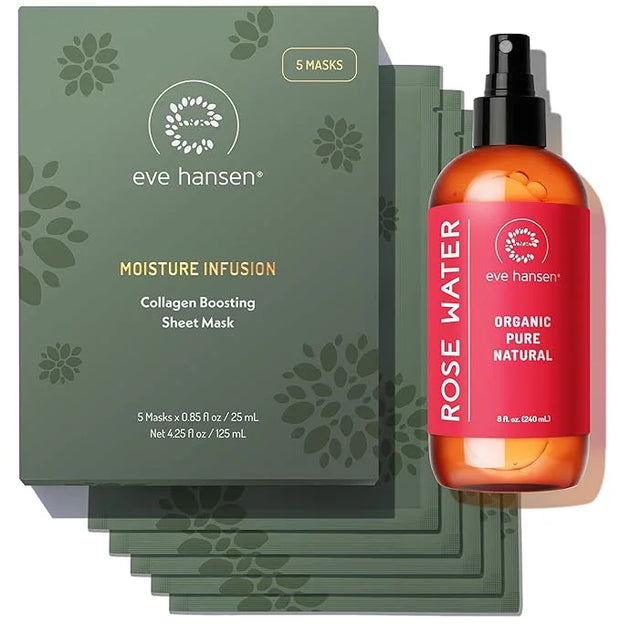 Eve Hansen Skincare Duo: Organic Rose Water Spray (8 oz) & Collagen Face Mask Sheets (Set of 5) – Hydrating & Soothing Car...