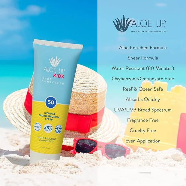 Aloe Up Kids Sport Sunscreen Lotion SPF 50 - Broad Spectrum Sheer Face and Body Sunscreen Protector for Sensitive Skin - W...