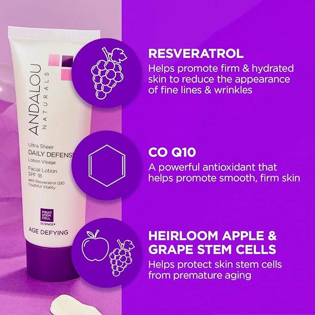 Andalou Naturals Ultra Sheer Daily Defense Facial Lotion, SPF 18, 2.7 oz, with Resveratrol CoQ10 and Antioxidants, Lightwe...