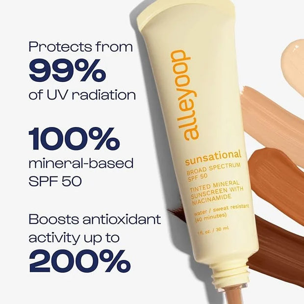 Alleyoop Sunsational Tinted Moisturizer Sunscreen for Face Broad Spectrum SPF 50, 100% Mineral Sunscreen with Niacinamide ...