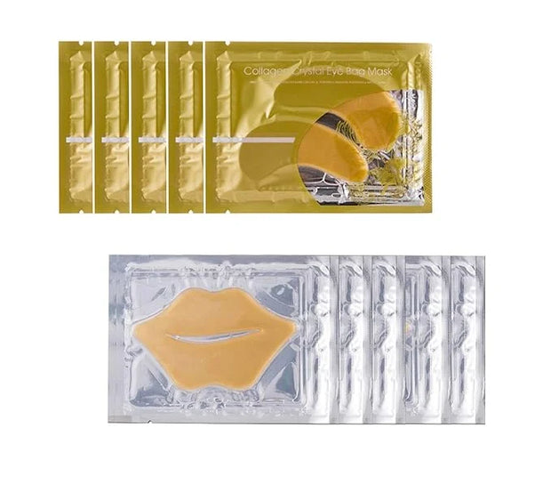 Gold Bio Collagen Crystal Mask Set - 5 Pairs Gold Eye Mask and 5 Pcs Gold Lip Mask, Anti Aging Eye and Lip Mask, - Product...