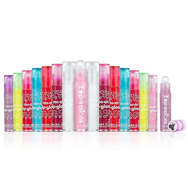Expressions 16pc Roller-Ball Glitter Lip Gloss Set, 8 Assorted Fruit Flavored Roll On Rollerball Lip Gloss for Kids, Safe,...