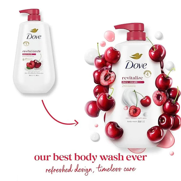Dove Body Wash with Pump 3 Count Revitalizante Cherry & Chia Milk, for Renewed, Healthy Looking Skin,Moisturizing Gentle S...