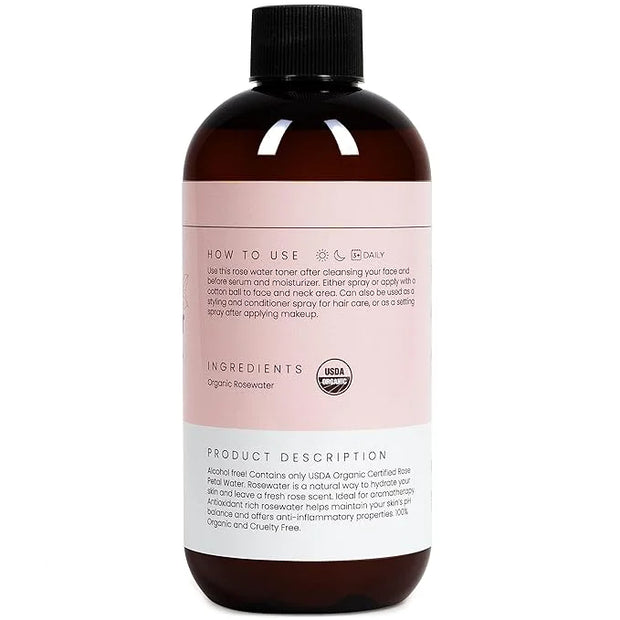 Rose Water Spray for Face & Hair (Refill Size) - Organic USDA Certified Rosewater Facial Toner - Alcohol-Free Makeup Setti...