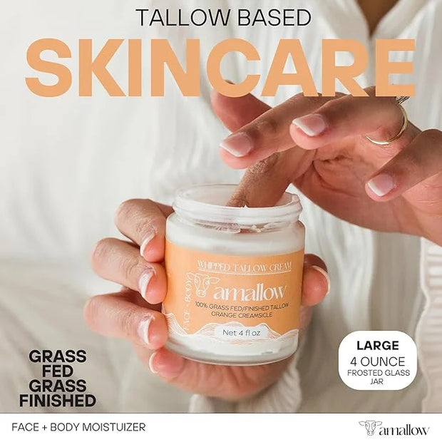 100% Grass Fed Beef Tallow for Skin Care - Face + Body - Whipped Moisturizer - Natural Lotion, 4 FL. oz. (Orange Creamsicl...