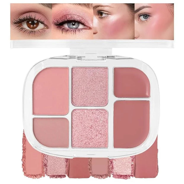 6-in-1 Cream & Powder Makeup Palette – Blush Highlighter & Eyeshadow, Matte & Shimmer Rose Nude Tones, Travel-Friendly Com...