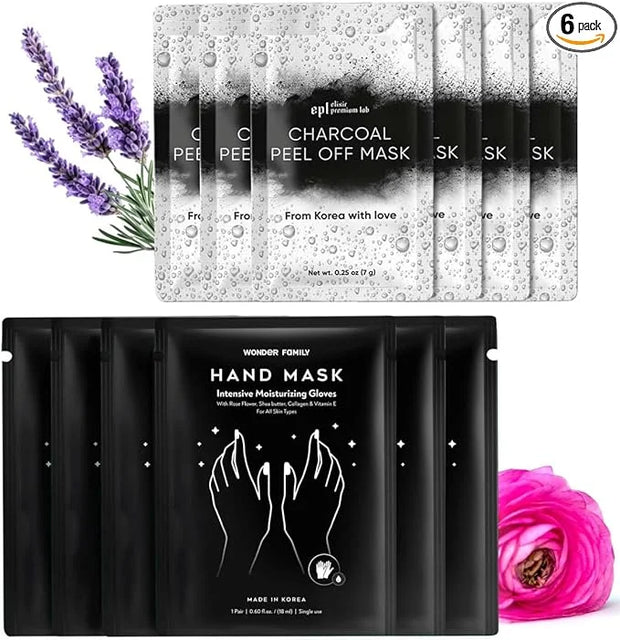 Hand Mask & Activated Charcoal Face Mask Skin Care Kit - Korean Skin Care Products Bundle for Face Skin Care & Dry Hands -...