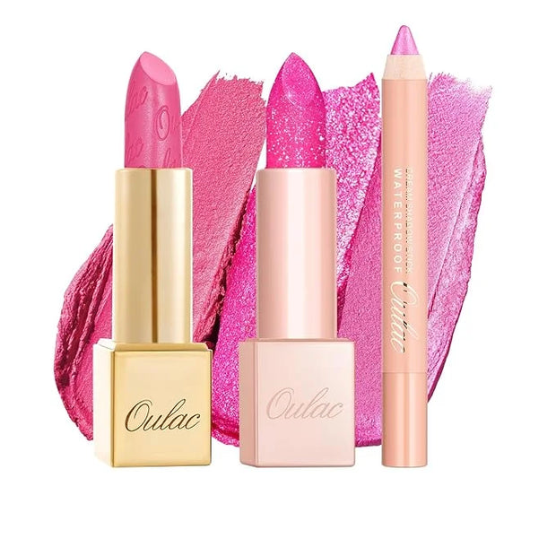 Oulac 3PCS Pink Lipstick Set | Metallic Lipstick, Moisturizing Lipstick, Lip Liner Stick | Smooth & Vegan | Ideal for Make...