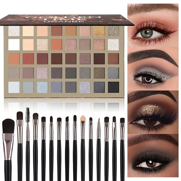 UCANBE Nude Eyeshadow Palette + 15 PCS Makeup Brushes Set, 40 Color Matte Shimmer Glitter Eye Shadow, Neutral Black Dark G...