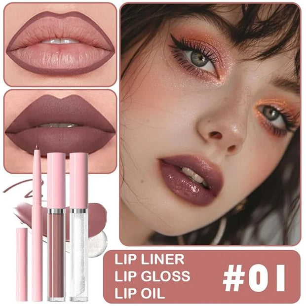 3-in-1Nude Pink Matte Lip Stain Kit | Waterproof Lip Liner + Hydrating Matte Lip Gloss + Nourishing Lip Oil | Long Lasting...
