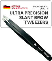 Professional Slant Tweezers for Women Facial Hair - German Stainless Steel, Ultra Precision, Lightweight Black Tweezers fo...