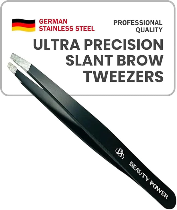 Professional Slant Tweezers for Women Facial Hair - German Stainless Steel, Ultra Precision, Lightweight Black Tweezers fo...