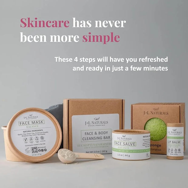J&L Naturals Exceptional Skin Regimen Kit With Cleansing Bar, Face Salve, Konjac Sponge, Lip Balm | For Oily and Combinati...