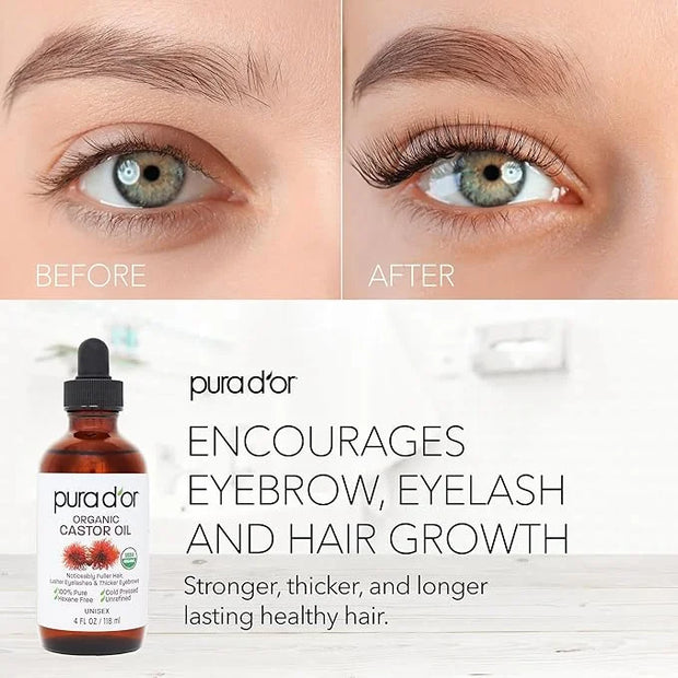 PURA D'OR 4 Oz ORGANIC Castor Oil - w/ 2 BONUS Empty Brushes - 100% Pure USDA Certified Cold Pressed, Hexane Free Eyelash ...