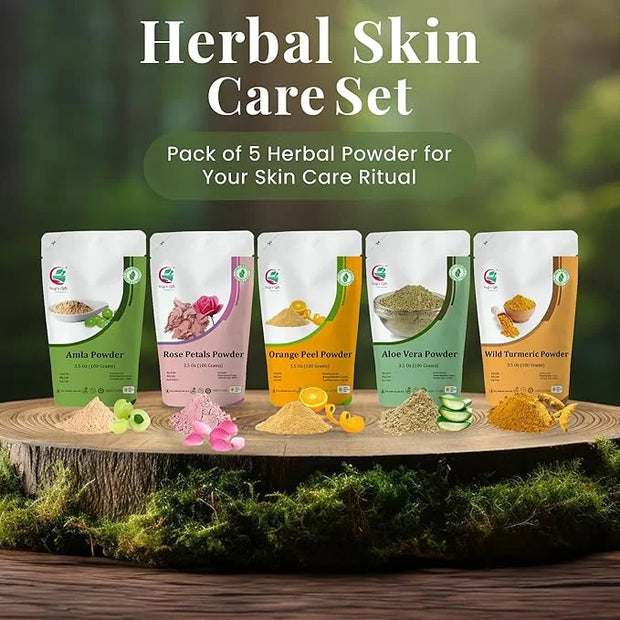 Herbal Skin Care Set | 5 powders in One Pack | Aloe vera, Amla, Orange Peel, Rose & Wild Turmeric powders | 100g Each | DI...