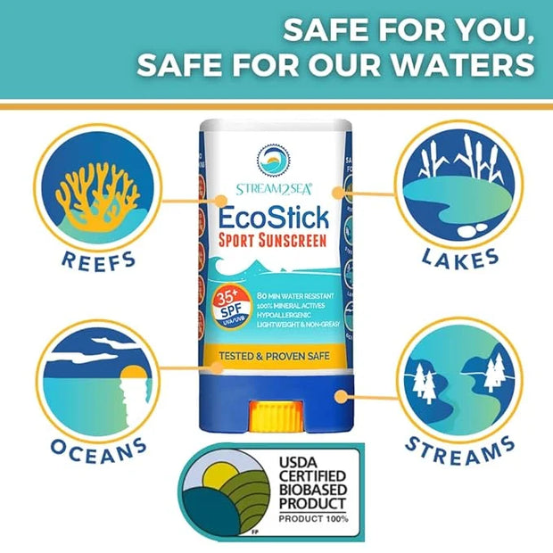STREAM2SEA EcoStick SPF 35 Mineral Sunscreen Stick, Sweat Water Resistant Sunblock, USDA Approved Biodegradable Paraben Fr...