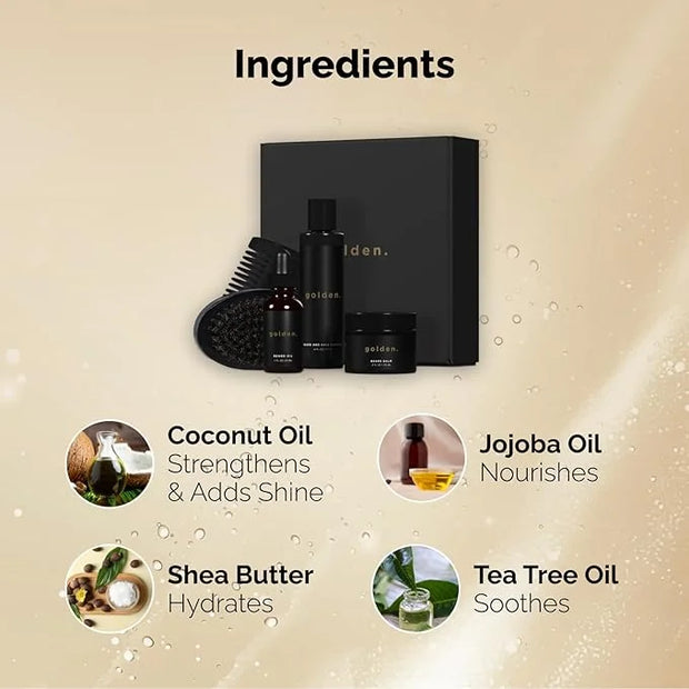 Golden Grooming Co. Ultimate Beard Care Kit for Men | Includes Beard & Hair Shampoo, Beard Balm, Beard Oil, Comb & Brush |...