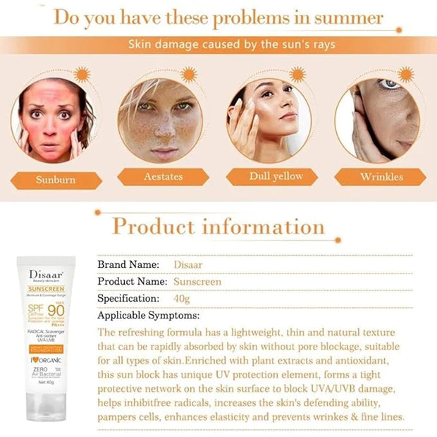 SPF 90 Sunscreen Instant Protection UVA UVB Foundation PA+++ Oil Free Sunblock Cover Protect Perfectly Moisturizing Covera...