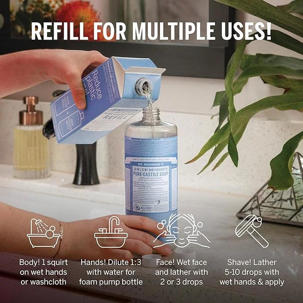 Dr. Bronner’s Pure-Castile Liquid Soap Bottle & Refill Carton - Made with Regenerative Organic Certified Oils, 82% Less Pl...