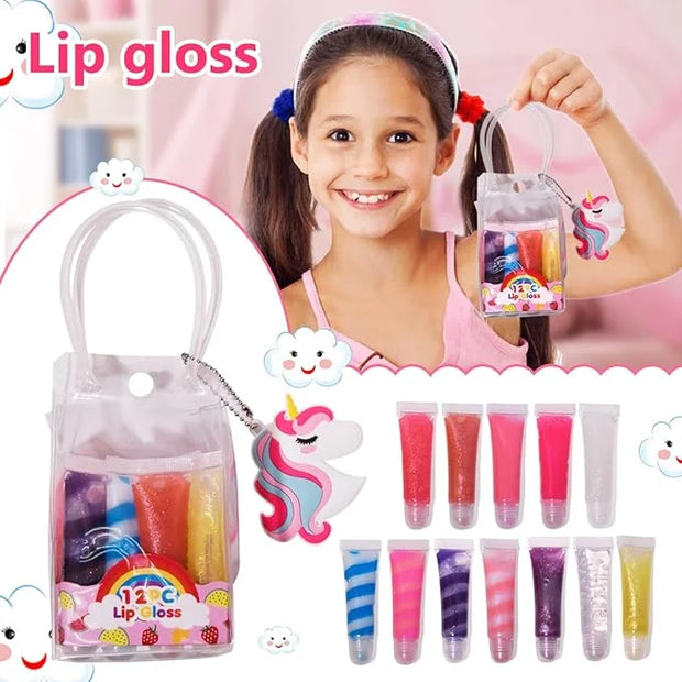 12Pcs Sparkle kids Lip Gloss Set with Unicorn Keychain Carrying Case, Assorted Flavors Moisturizing Shimmer Glossy Lip Par...