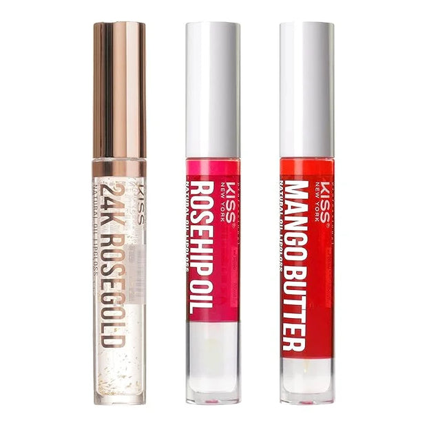 3 PACK Lip Oil Gloss, Hydrating Non-Sticky Lip Oil, 100% Natural Oil Clear Lip Gloss, Lightweight Lip Moisturizer (Rosegol...