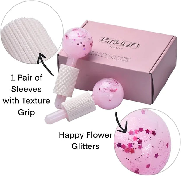 Ice Globes for Facials – Facial Tools for Face & Eye Puffiness Relief, Cool Skincare Cryo Tools - Pink Drink Glitter - Pro...