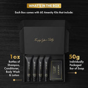 Infuse Black Amenity Kit | Boxed Hotel Toiletries | Bulk Set 1 oz Travel Size Shampoo, Conditioner, Lotion, Body Wash & Cl...