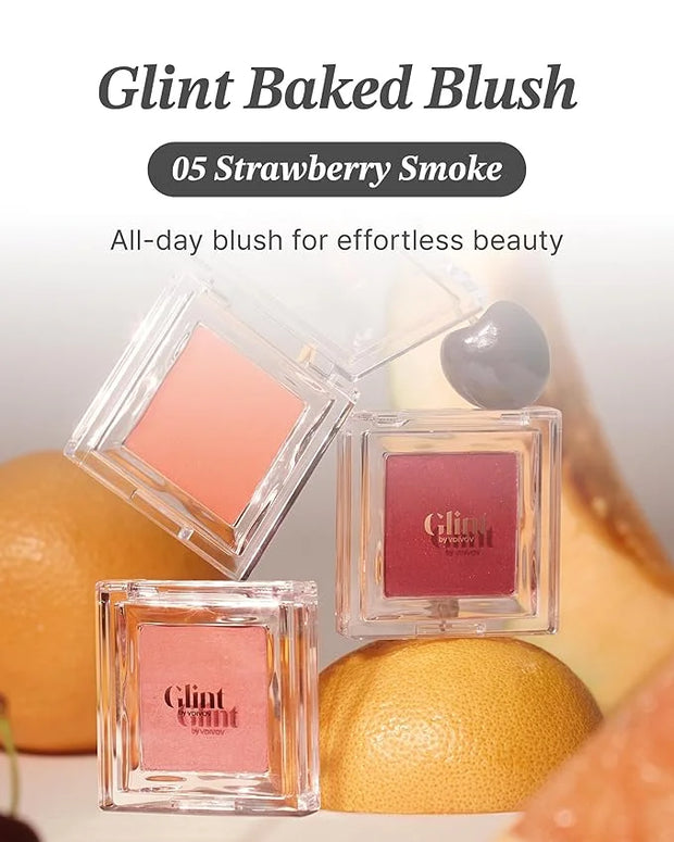 Glint Baked Blush (Strawberry Smoke, 0.08oz) - Long-Lasting, All-Day Face Blush Powder for a Natural Look. Korean Skin Car...