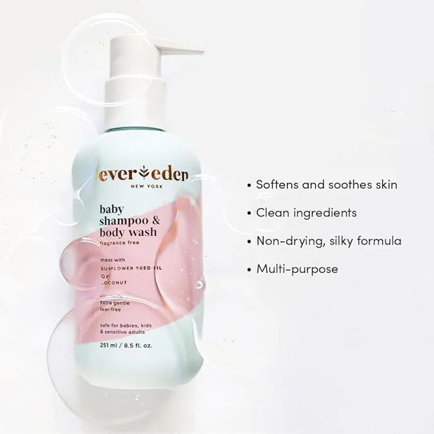 Evereden Baby Shampoo & Body Wash 2-in-1, 8.5 fl oz | Gentle, Non-Toxic, Fragrance-Free, Hydrating Formula for Sensitive S...