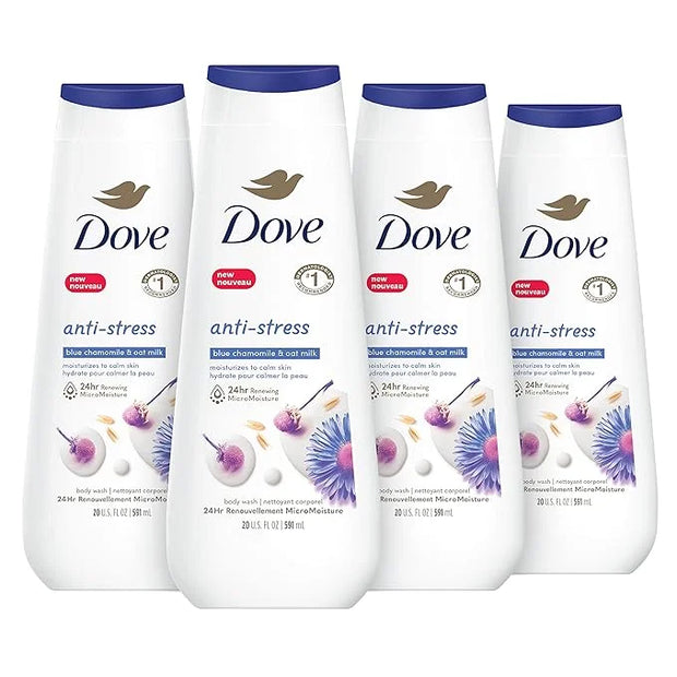 Dove Body Wash Anti-Stress Blue Chamomile & Oat Milk 4 Count for Renewed, Healthy-Looking Skin Moisturizing Gentle Skin Cl...