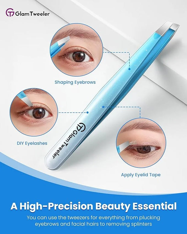Expert Slant Tip Tweezers with Leather Case, GlamTweeler Sharp & Precision Stainless Steel Tweezer for Eyebrows, Facial Ha...