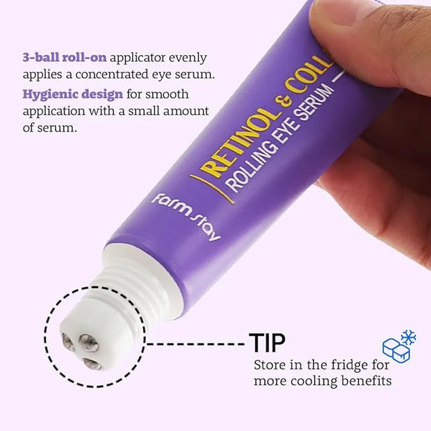 Farmstay Retinol Roll-on Eye Serum with 2% Niacinamide & Collagen – Hydrating Korean Eye Roller for Dark Circles, Puffy Ey...