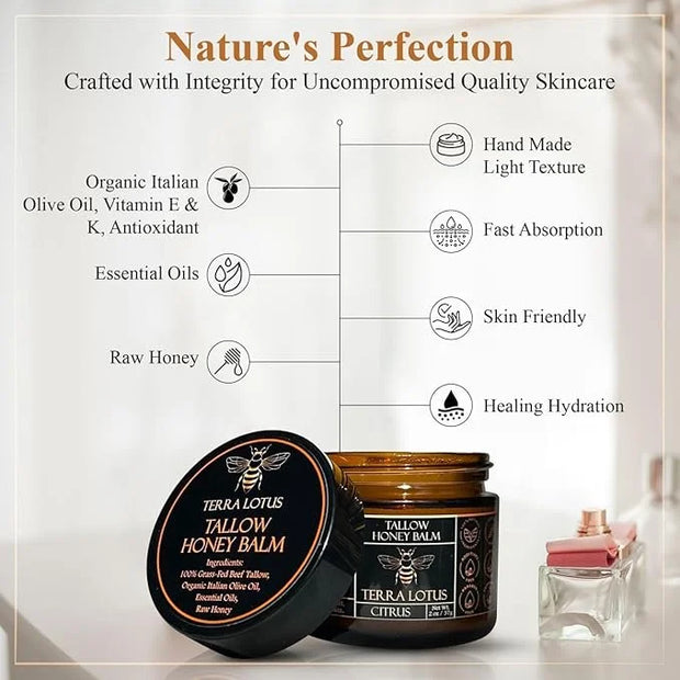Organic Grass-Fed Beef Tallow Balm with Raw Honey - Moisturizing Cream for Soft, Smooth Skin - Handmade All-Natural Moistu...