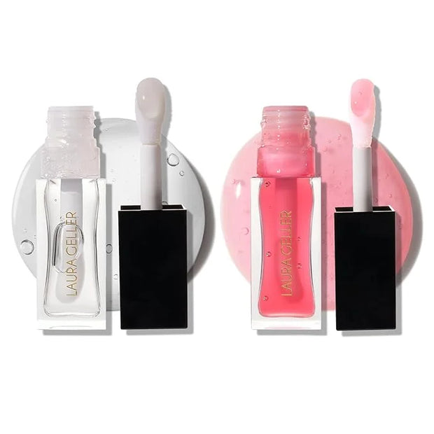 LAURA GELLER NEW YORK Fine Shine Glossy Lip Oil Duo, Sweet Pink + Glass Half Full - Clear Pink Lip Gloss with Hydrating Sq...