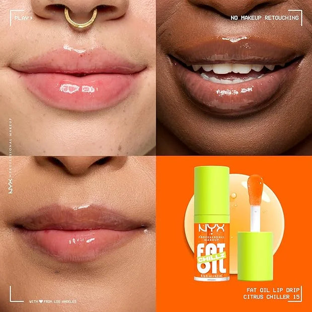 NYX PROFESSIONAL MAKEUP Fat Oil Chillz, Moisturizing, Shiny and Vegan Tinted Lip Gloss - Citrus Chiller (Sheer Orange) - P...