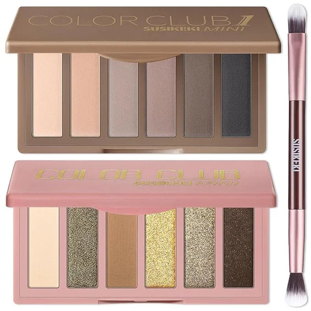 2PCS 6 Colors Mini Naked Eyeshadow Palette Makeup with Brush Set Neutral Nude Eye Shadow Brown & Olive-colored Matte Shimm...