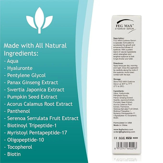 FEG Max Eyebrow Enhancer Growth Treatment Serum | Enhancing to Help Lengthen and Thicken Eyebrows | Non-irritating Brow Se...