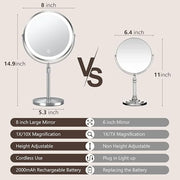10x Large Lighted Makeup Mirror, Rechargeable 8" Height Adjustable Vanity Mirror, 1x/10x Magnifying Mirror with 3 Color, B...