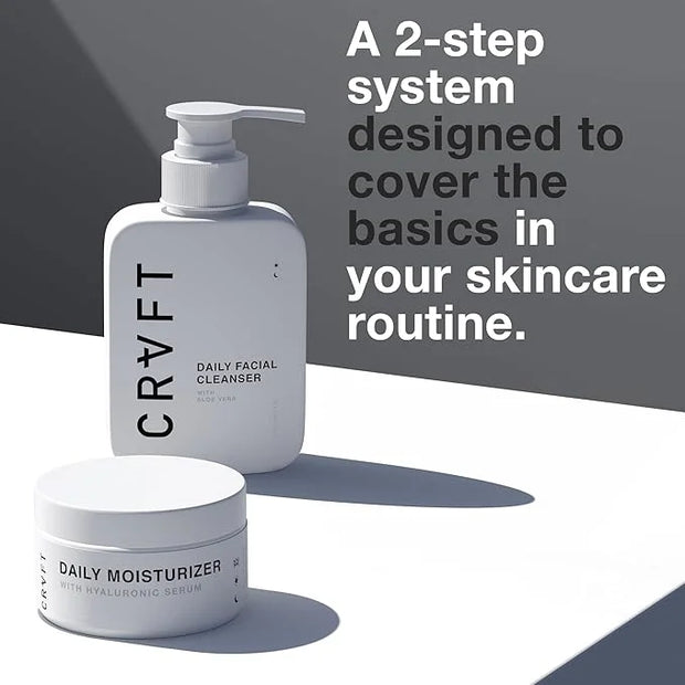 CRVFT 2-Step Men’s Facial Care Kit | Aloe Vera Face Wash 3oz | Hyaluronic Moisturizer 1oz | 2 Piece Complete Daily Face Ca...