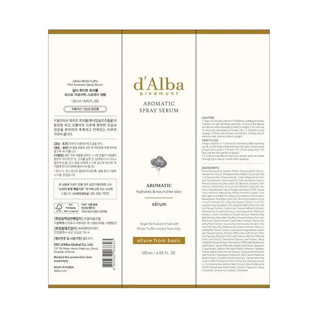d'alba Piedmont Italian White Truffle First Aromatic Spray Serum, Fragrant VEGAN Glowy Antioxidant Face Mist, Deep Hydrati...