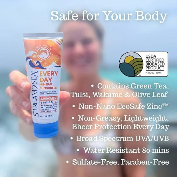 SPF 45 Every Day Shimmer Mineral Sunscreen | 2.5 Fl Oz Biodegradable, Paraben Free & Reef Safe Sunscreen | Non-Greasy, Lig...