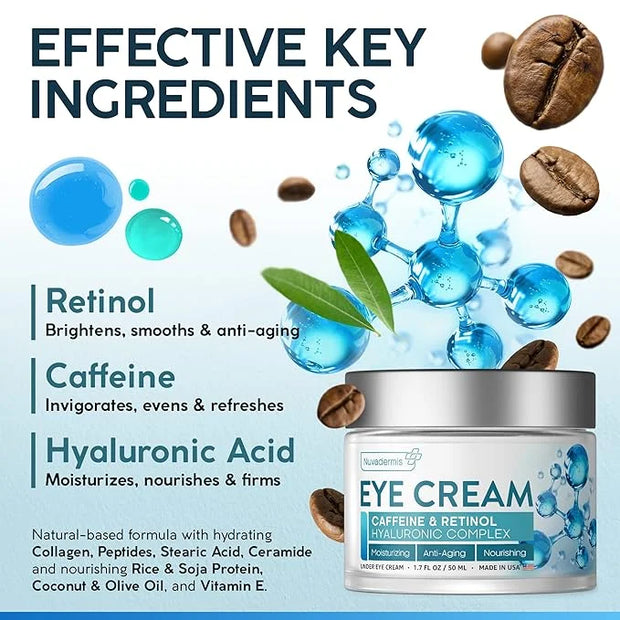 NUVADERMIS Caffeine Eye Cream with Retinol & Hyaluronic Complex – Anti-Aging Treatment – 1.7 oz – Made in the USA - Produc...