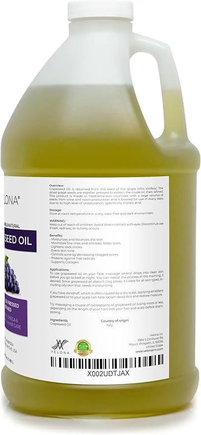 velona Grapeseed Oil 64 fl oz | 100% Pure and Natural Carrier Oil | Refined, Cold pressed | Skin, Face, Body, Hair Care | ...
